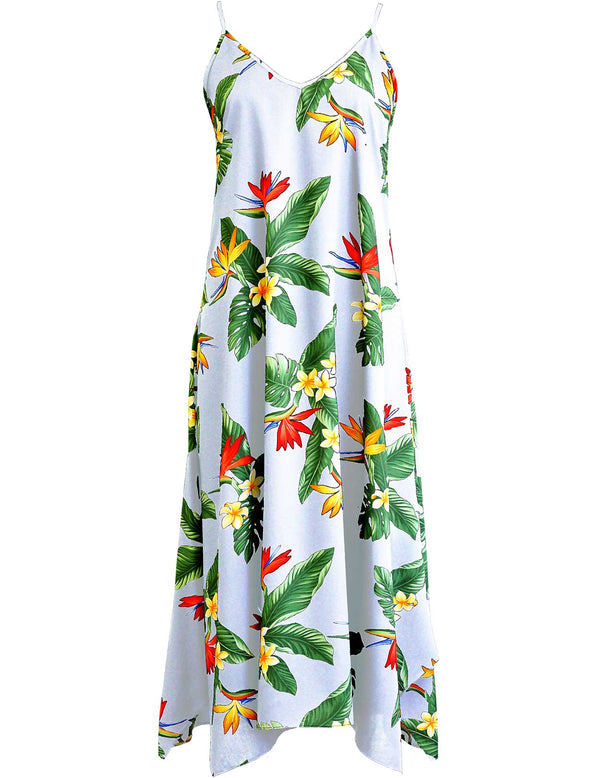 Maxi Long Hawaiian Dress Birds of Paradise with Scarf Hem White