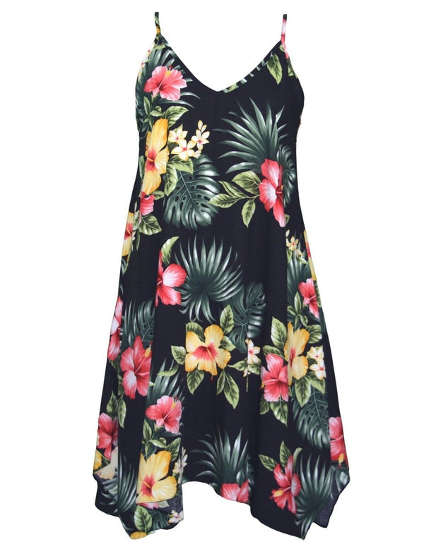 Scarf Hem Short Hawaiian Dress Lihue Hibiscus Black