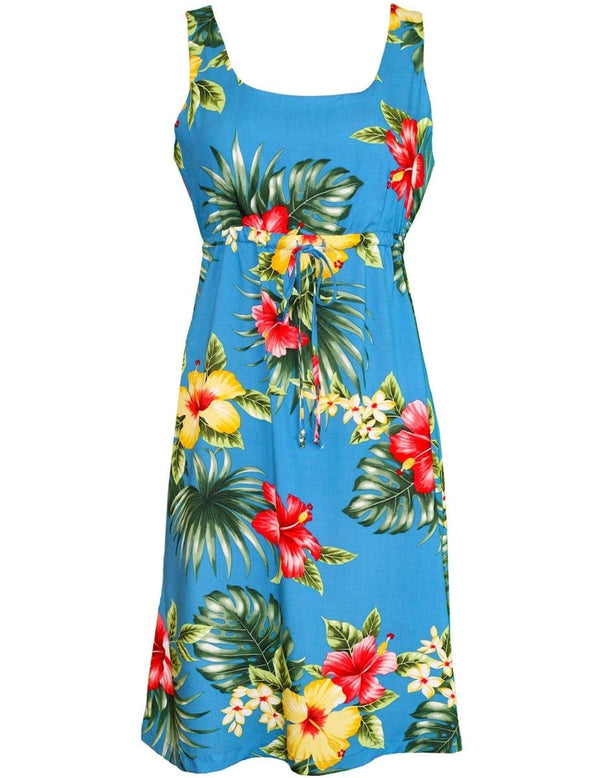 Short Adjustable Waist Tie Hawaiian Dress Lihue Hibiscus Blue