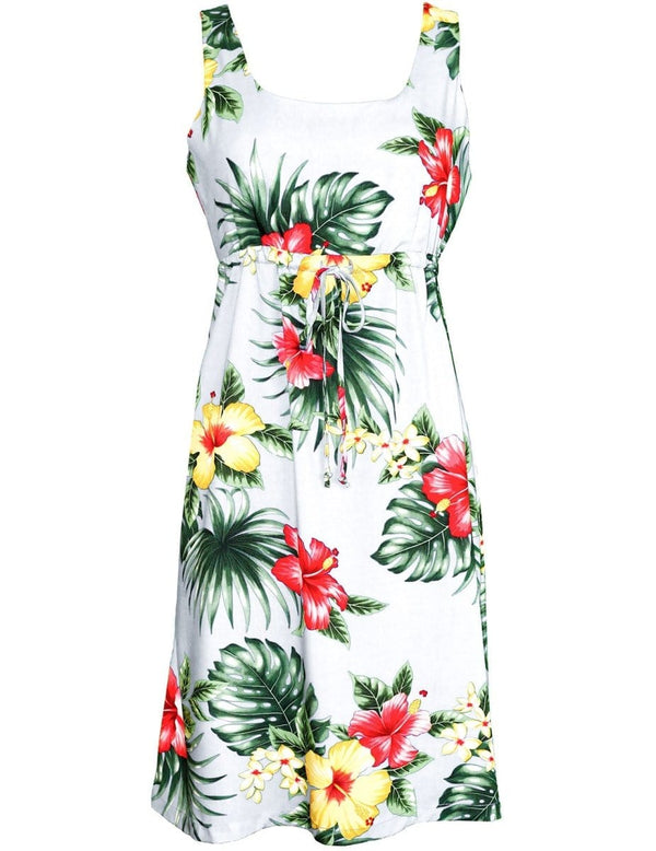 Short Adjustable Waist Tie Hawaiian Dress Lihue Hibiscus White