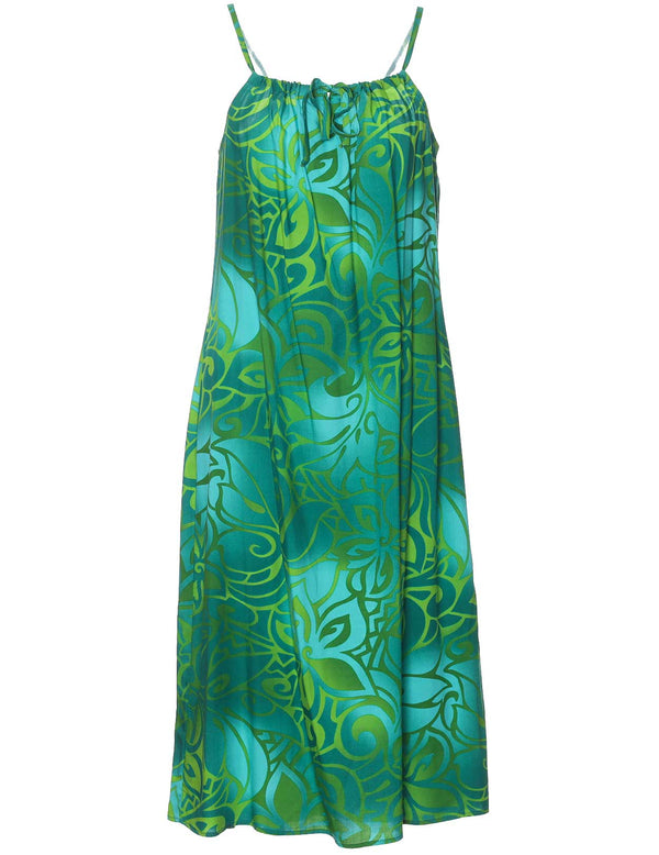 Midi Dress Front Tie Straps Tribal Tiare Green