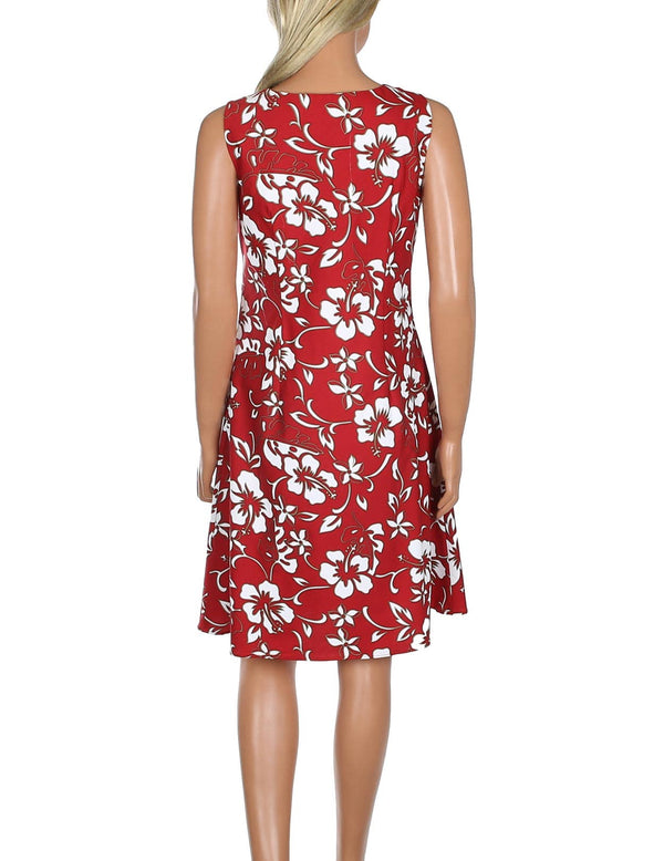 Hawaiian Short Sleeveless Bias Dress Classic Hibiscus Pareo Red Hilo Hattie