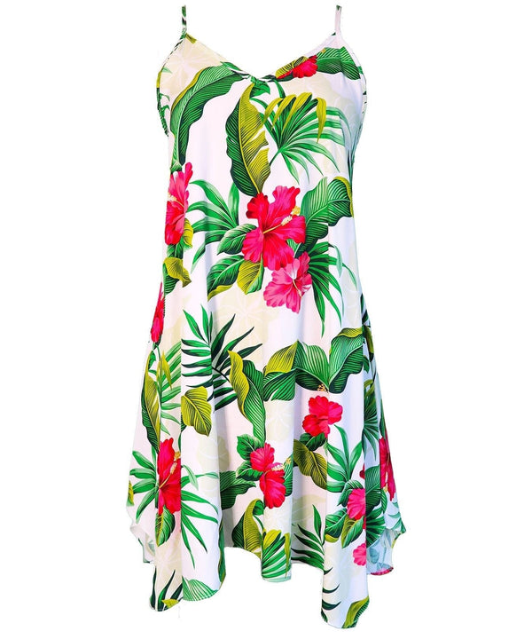 Short Hawaiian Dress with Scarf Hem Ewa Hibiscus White