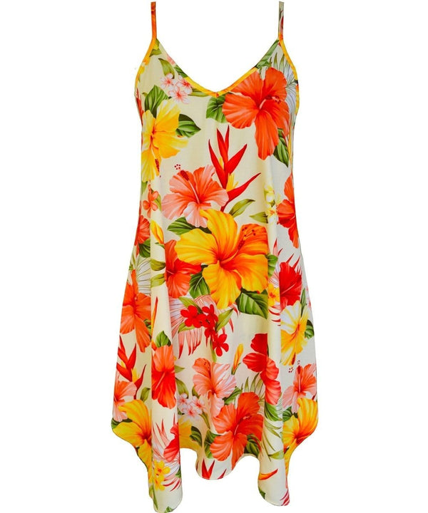 Short Dress with Scarf Hem Mega Hibiscus Cream