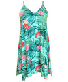 Short Hawaiian Dress with Scarf Hem Palms Hibiscus Aqua