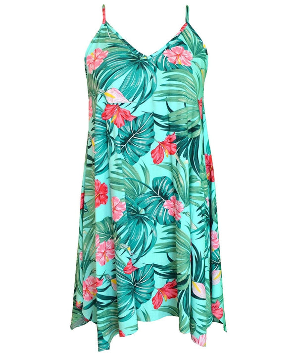 Short Hawaiian Dress with Scarf Hem Palms Hibiscus Aqua