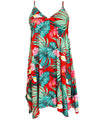 Short Hawaiian Dress with Scarf Hem Palms Hibiscus Red
