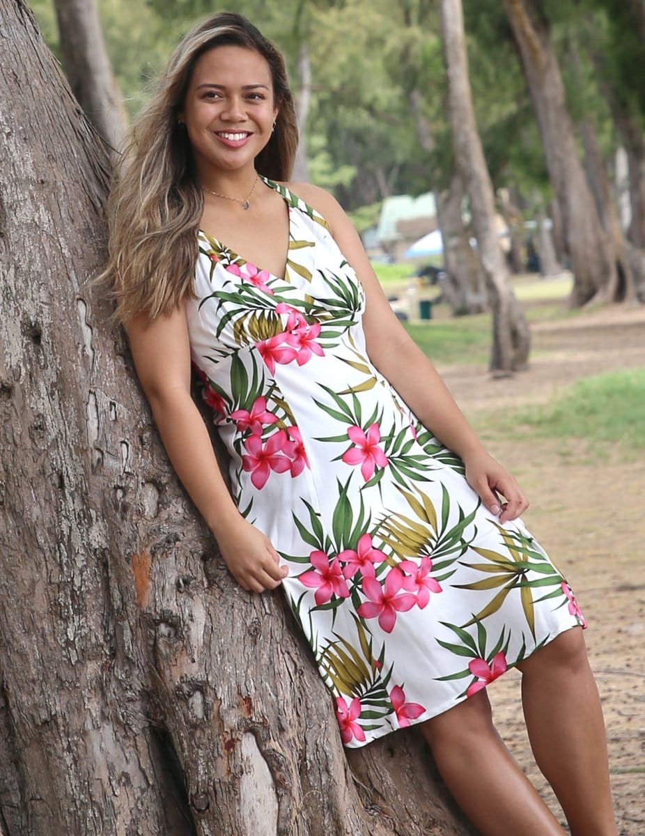 Short Halter Dress Plumeria Rain White / XS / Royal Creations Short Halter Dress Plumeria Rain White / XS / Royal Creations
