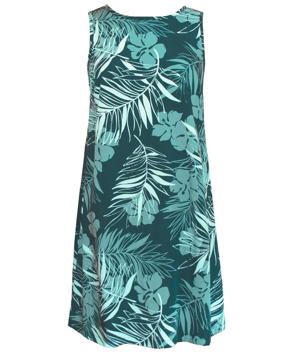 Palms Short Hawaiian Dress Sleeveless A-Line Easy Tie Back Closure Teal