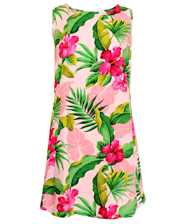 Ewa Hibiscus Short Hawaiian Dress Sleeveless A-Line Easy Tie Back Closure Pink