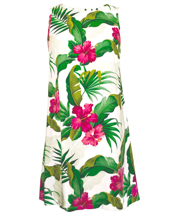Ewa Hibiscus Short Hawaiian Dress Sleeveless A-Line Easy Tie Back Closure White