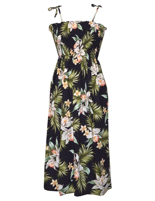 Short Hawaiian Dress Smock Top Classic Orchids Black Fits XS to XL (2-16)