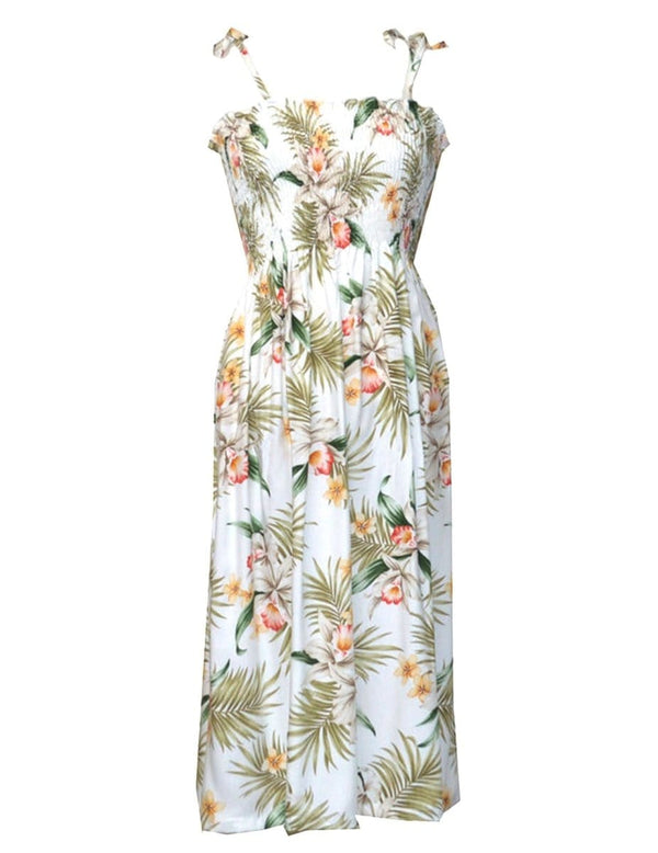 Short Hawaiian Dress Smock Top Classic Orchids White Fits XS to XL (2-16)