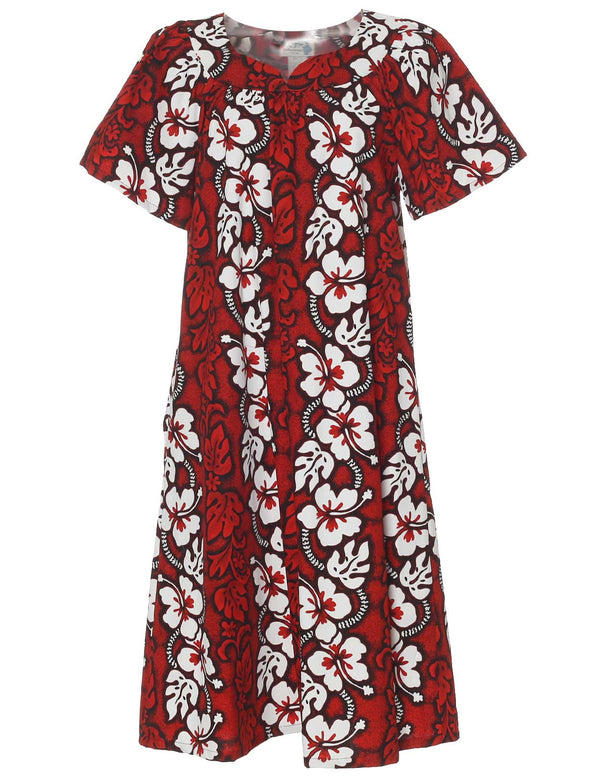 Short Muumuu Hawaiian Dress Hibiscus Leis Red