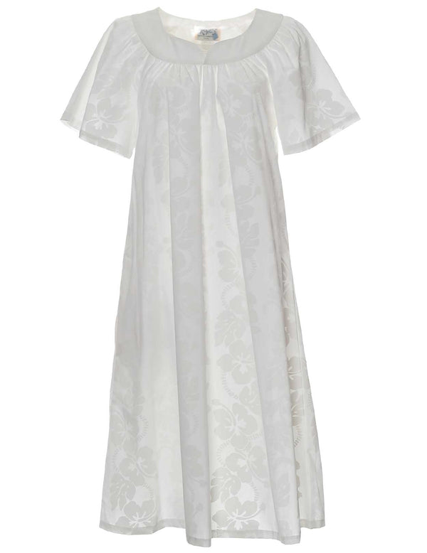White Muumuu Short Dress Hibiscus Leis White