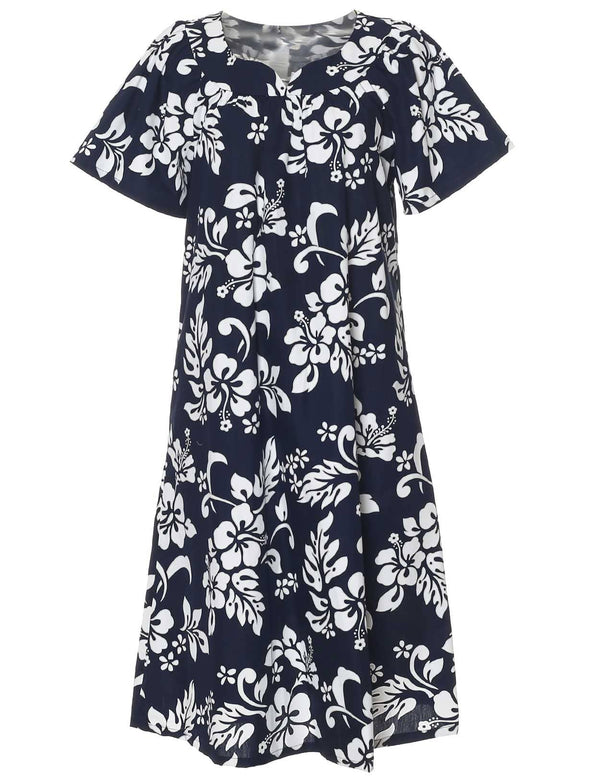 Short Hawaiian Muumuu Dress Island Hibiscus Navy