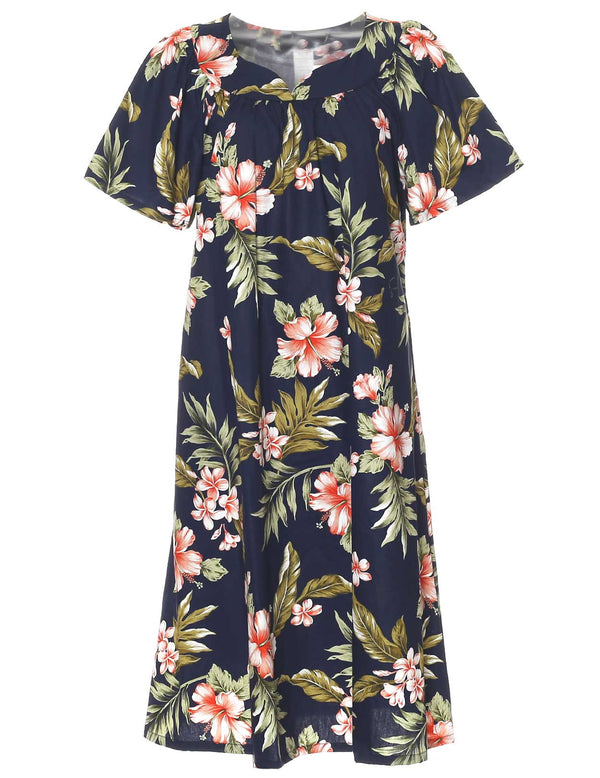 Kahua Plumeria Short Hawaiian Muumuu Dress Navy