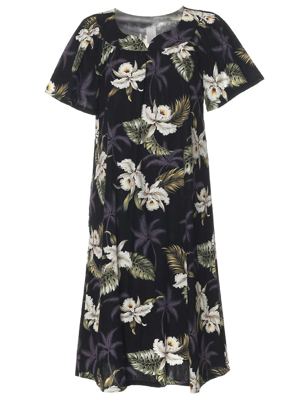 Orchids Makani Short Muumuu Hawaiian Dress Black