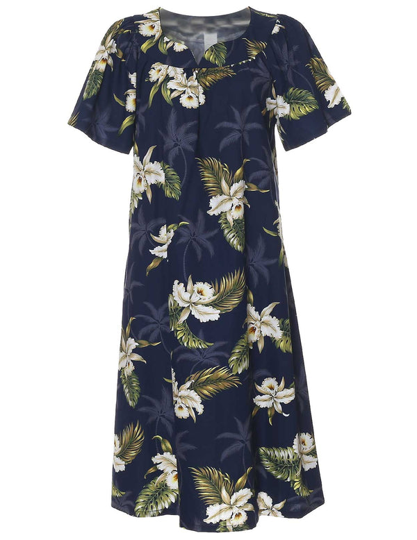 Orchids Makani Short Muumuu Hawaiian Dress Navy