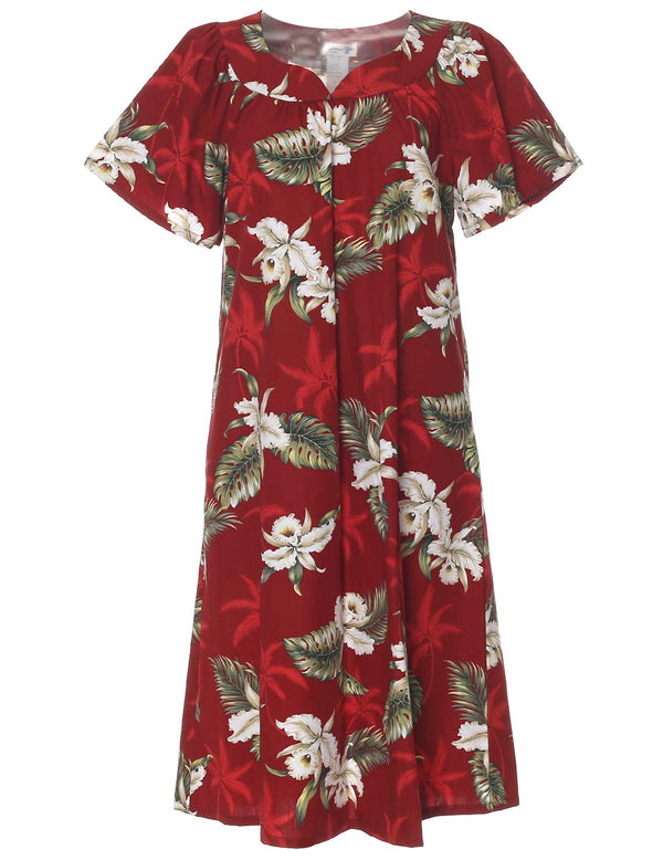 Orchids Makani Short Muumuu Hawaiian Dress Red