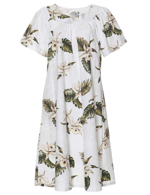 Orchids Makani Short Muumuu Hawaiian Dress White