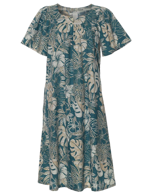 Short Hawaiian Muumuu Dress Kalokoi Forest Teal S