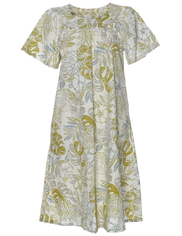 Short Hawaiian Muumuu Dress Kalokoi Forest White
