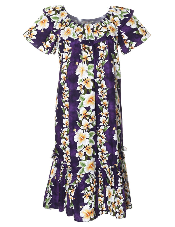 Short Muumuu Dress Luana with Elastic Bustline and Ruffled Hem Purple