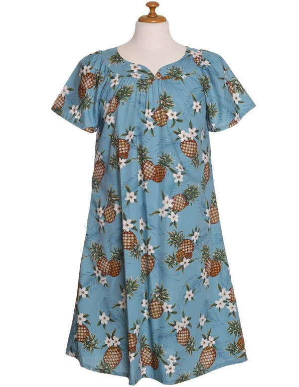 Short Muumuu Dress Sunny Pineapples Light Blue