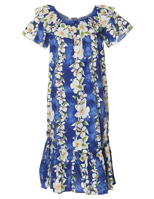 Short Muumuu Dress Luana with Elastic Bustline and Ruffled Hem Blue