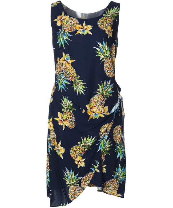 Short Sarong Dress Golden Pineapples Navy Two Palms