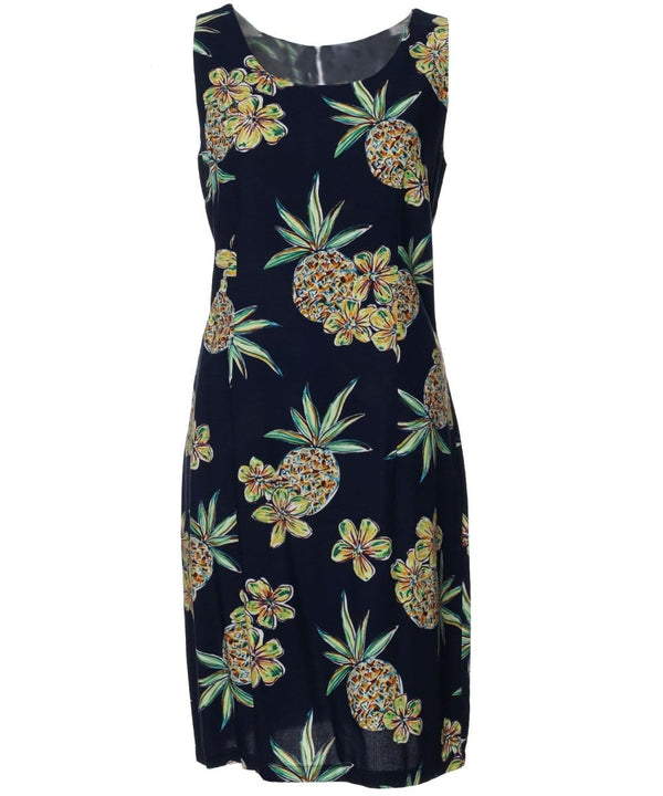 Short Sheath Dress Sleeveless Golden Pineapples Navy