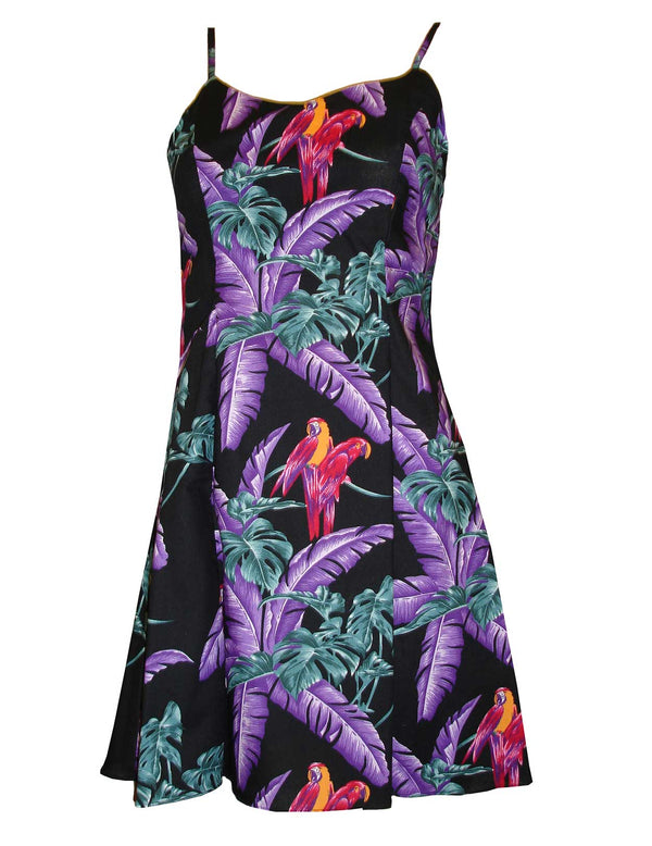 Jungle Bird Parrots Spaghetti Strap Black Hawaiian Dress Black