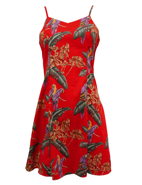 Jungle Bird Parrots Spaghetti Straps Red Hawaiian Dress Red