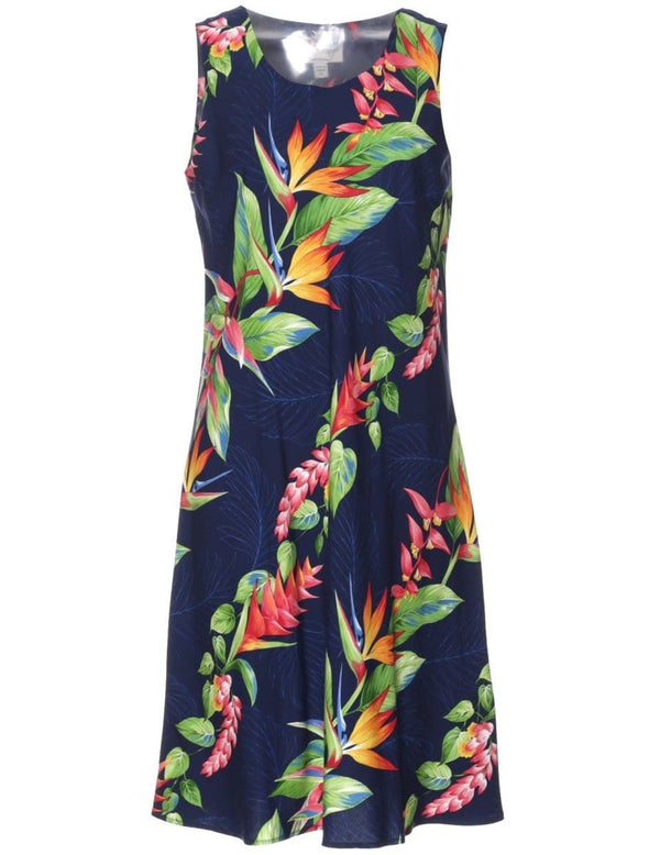 Short Tropical Dress Birds of Paradise Panel Navy