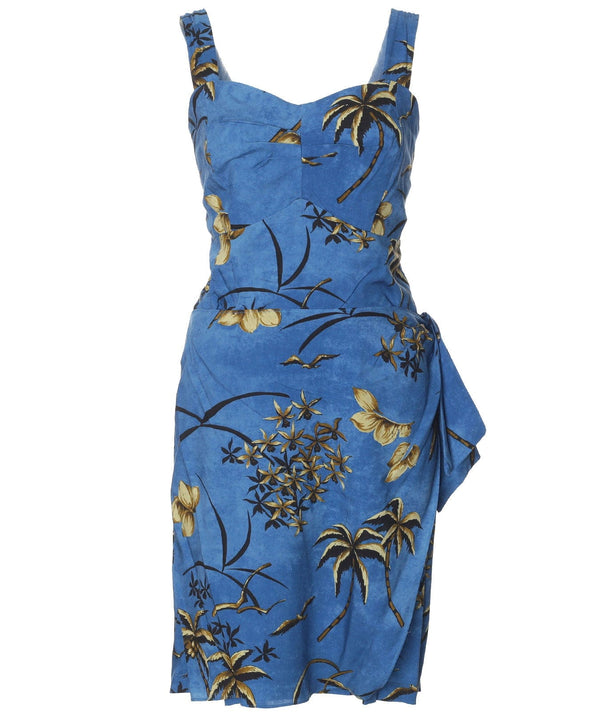 Short Sarong Dress Elastic Back Retro Oasis Palms Cool Water