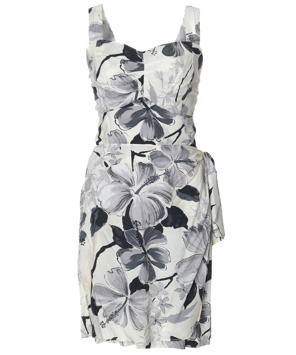 Short Sarong Dress Elastic Back Watercolor Hibiscus Gray