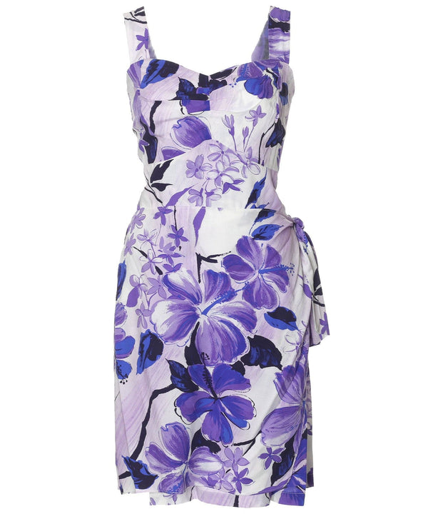 Short Sarong Dress Elastic Back Watercolor Hibiscus Purple