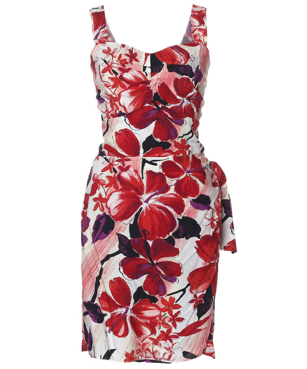 Short Sarong Dress Elastic Back Watercolor Hibiscus Red