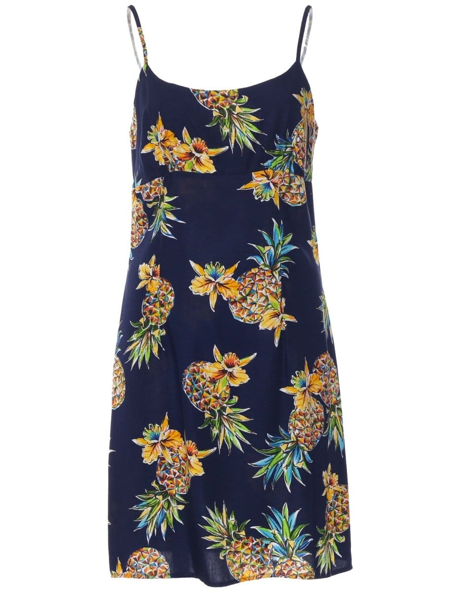 Skinny Straps Short Hawaiian Dress Golden Pineapples Navy / XL Skinny Straps Short Hawaiian Dress Golden Pineapples Navy / XL