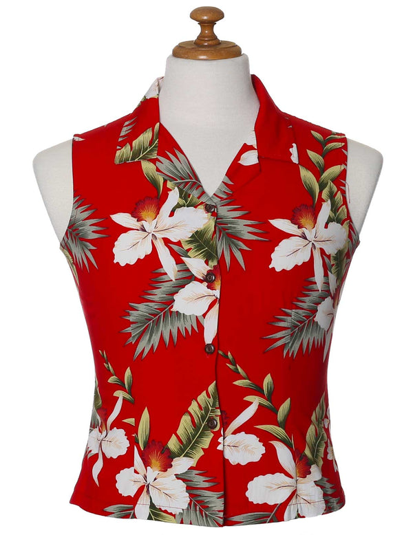 Orchids Hanapepe Aloha Sleeveless Rayon Blouse Red
