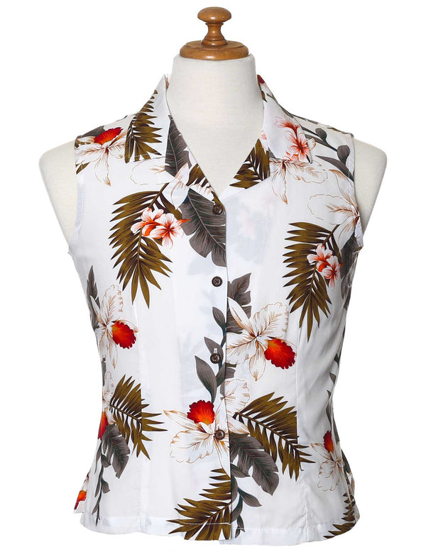 Sleeveless Aloha White Blouse Orchids Hanapepe White