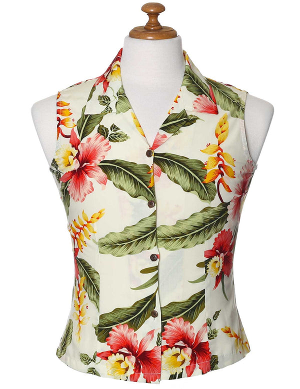 Orchid Pua Sleeveless Hawaiian Blouse Beige