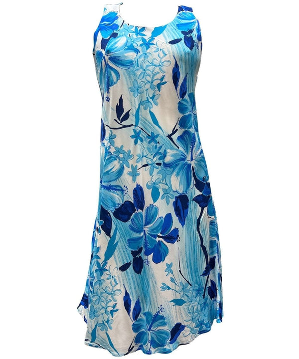 Sleeveless Dress Midi Watercolors Hibiscus Blue