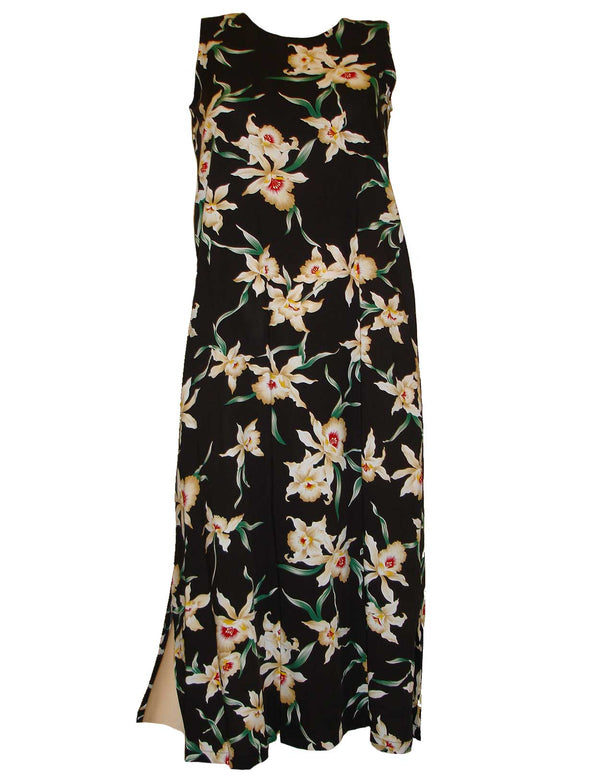 Star Orchid Sleeveless Hawaiian Dress Ankle Length Black