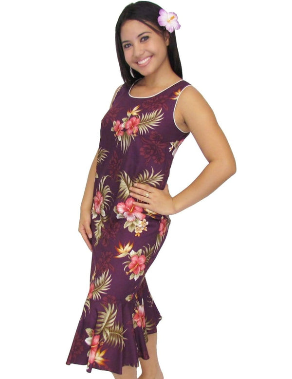 Sleeveless Midi Purple Dress Fern Hibiscus Purple