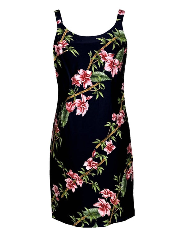 Slimming Bamboo Hibiscus Aloha Short Dress Black