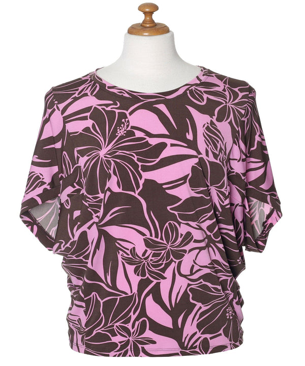 Dolman Sleeve Slit Hawaiian Blouse Top HIBISCUS Brown