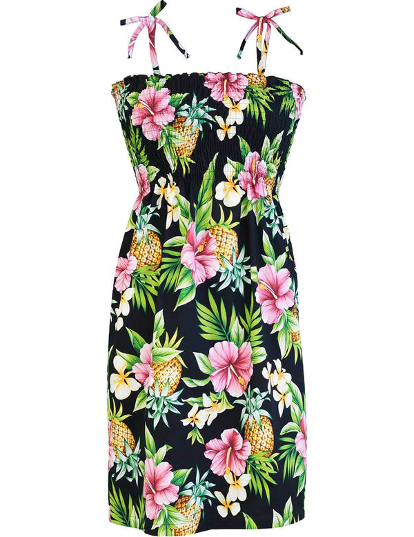 Short Hawaiian Dress Smock Top Hibiscus Pineapples Valley Black RJC