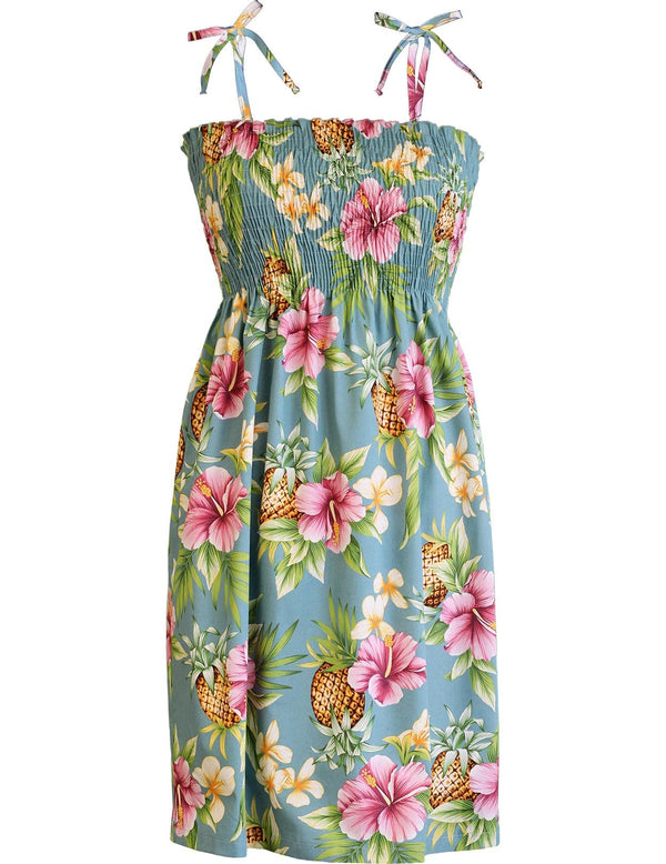 Short Hawaiian Dress Smock Top Hibiscus Pineapples Valley Slate RJC